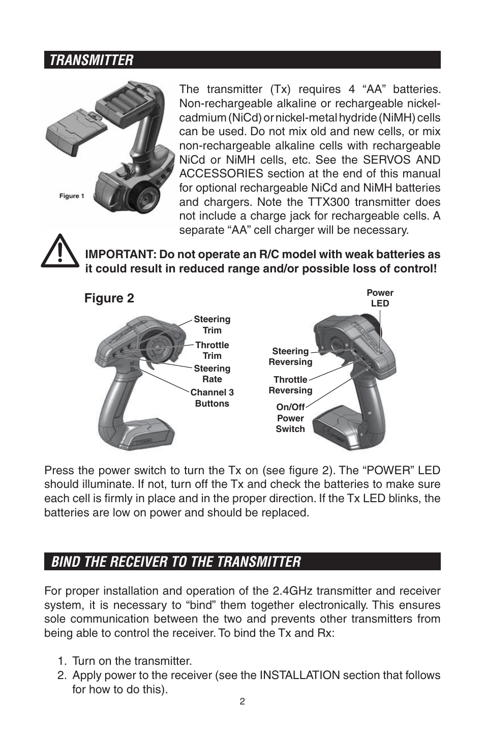 Transmitter, Bind the receiver to the transmitter, Figure 2 | Tactic TTX300 3-Ch SLT User Manual | Page 2 / 12