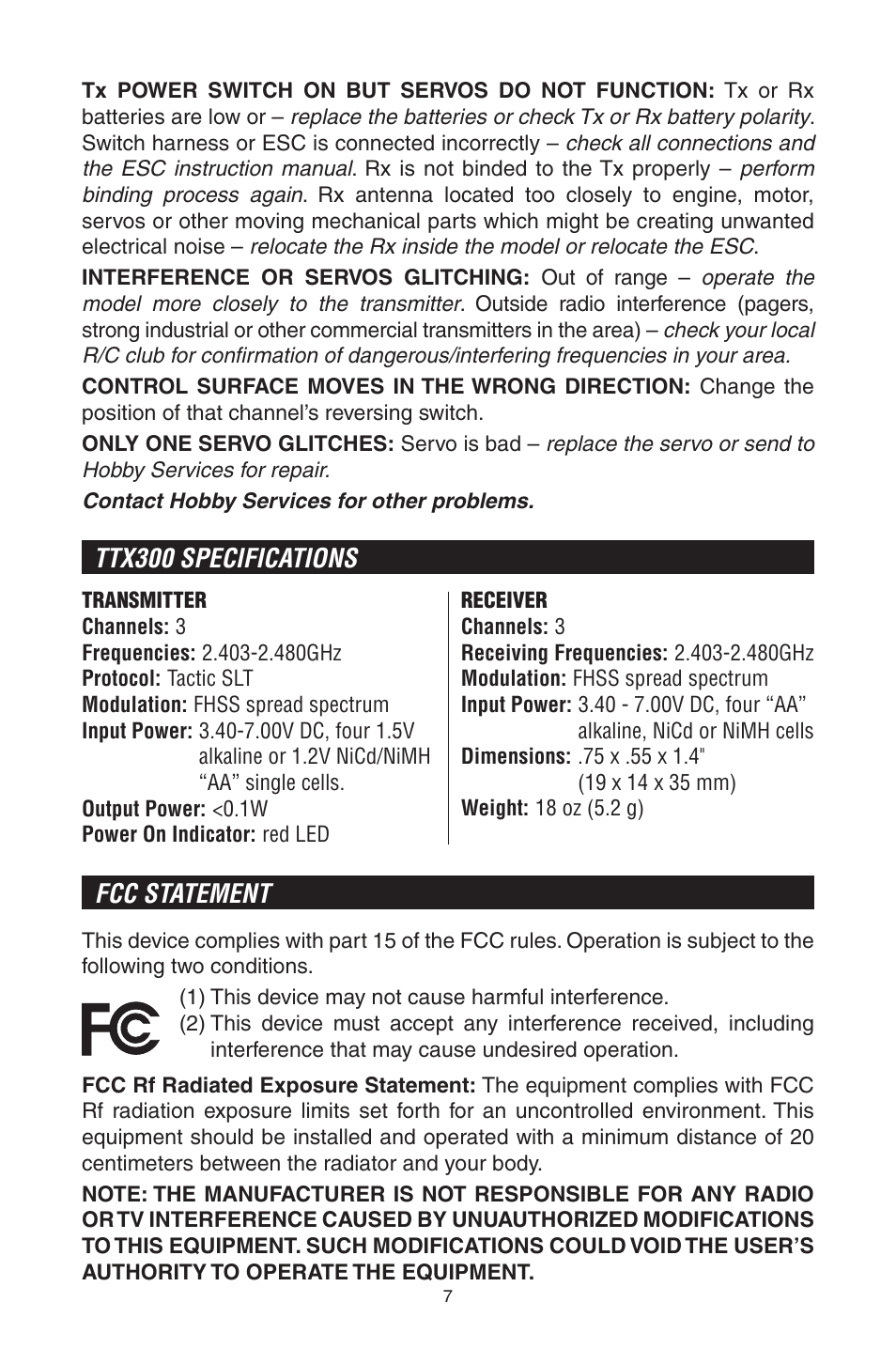 Ttx300 specifications, Fcc statement | Tactic TTX300 3-Ch SLT User Manual | Page 7 / 12