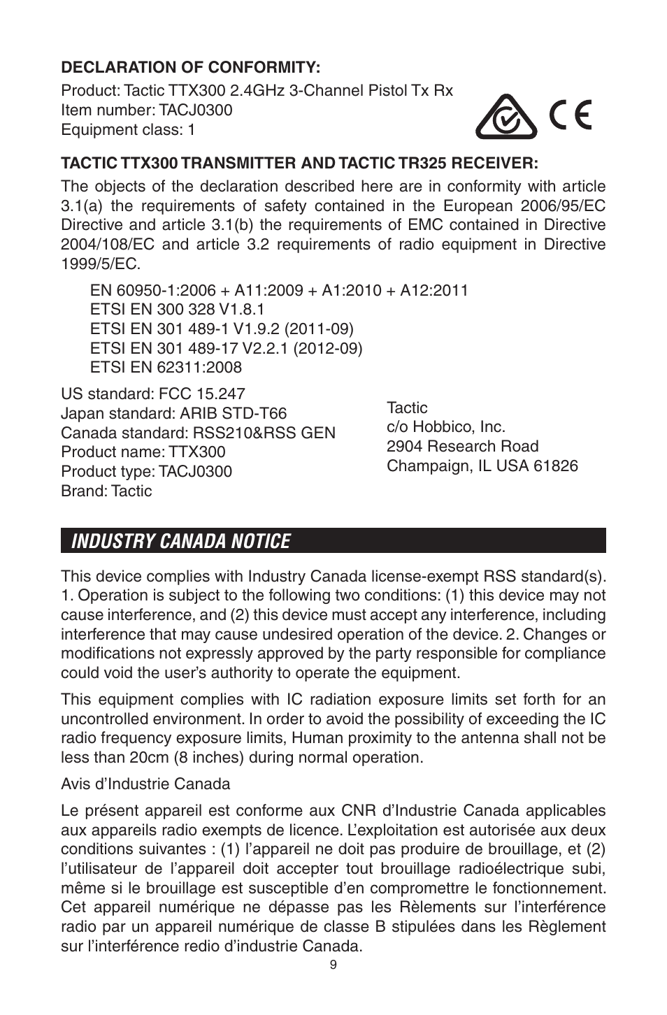 Industry canada notice | Tactic TTX300 3-Ch SLT User Manual | Page 9 / 12