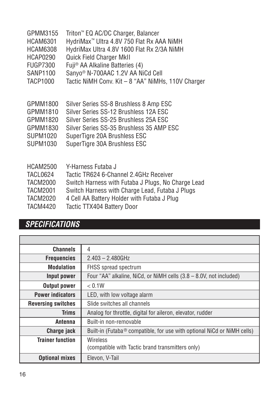 Specifications | Tactic TTX404 4-Ch SLT User Manual | Page 16 / 20