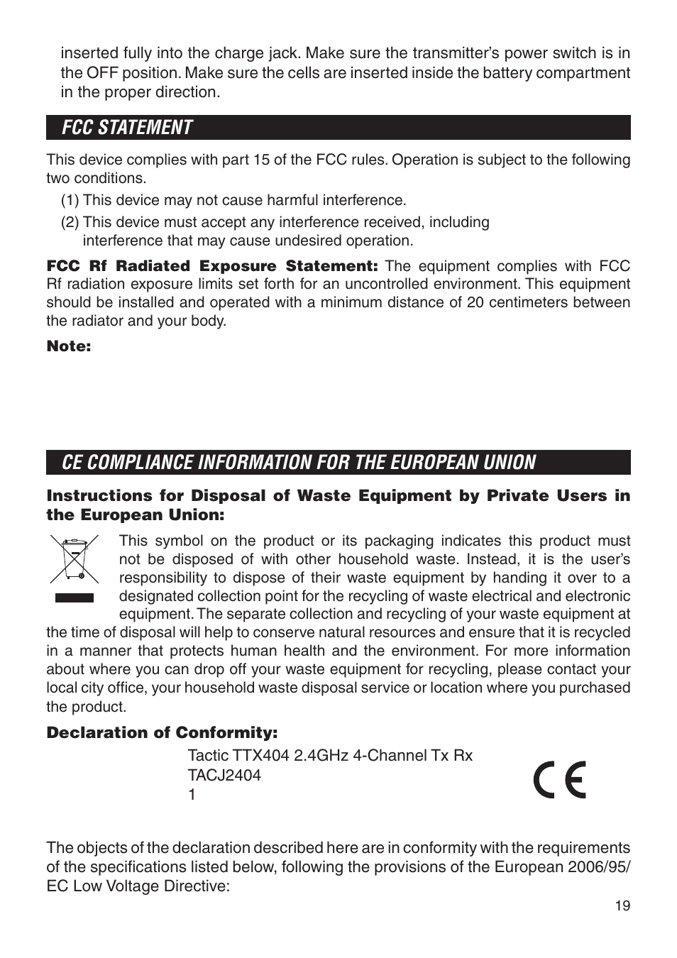 Fcc statement, Ce compliance information for the european union | Tactic TTX404 4-Ch SLT User Manual | Page 19 / 20