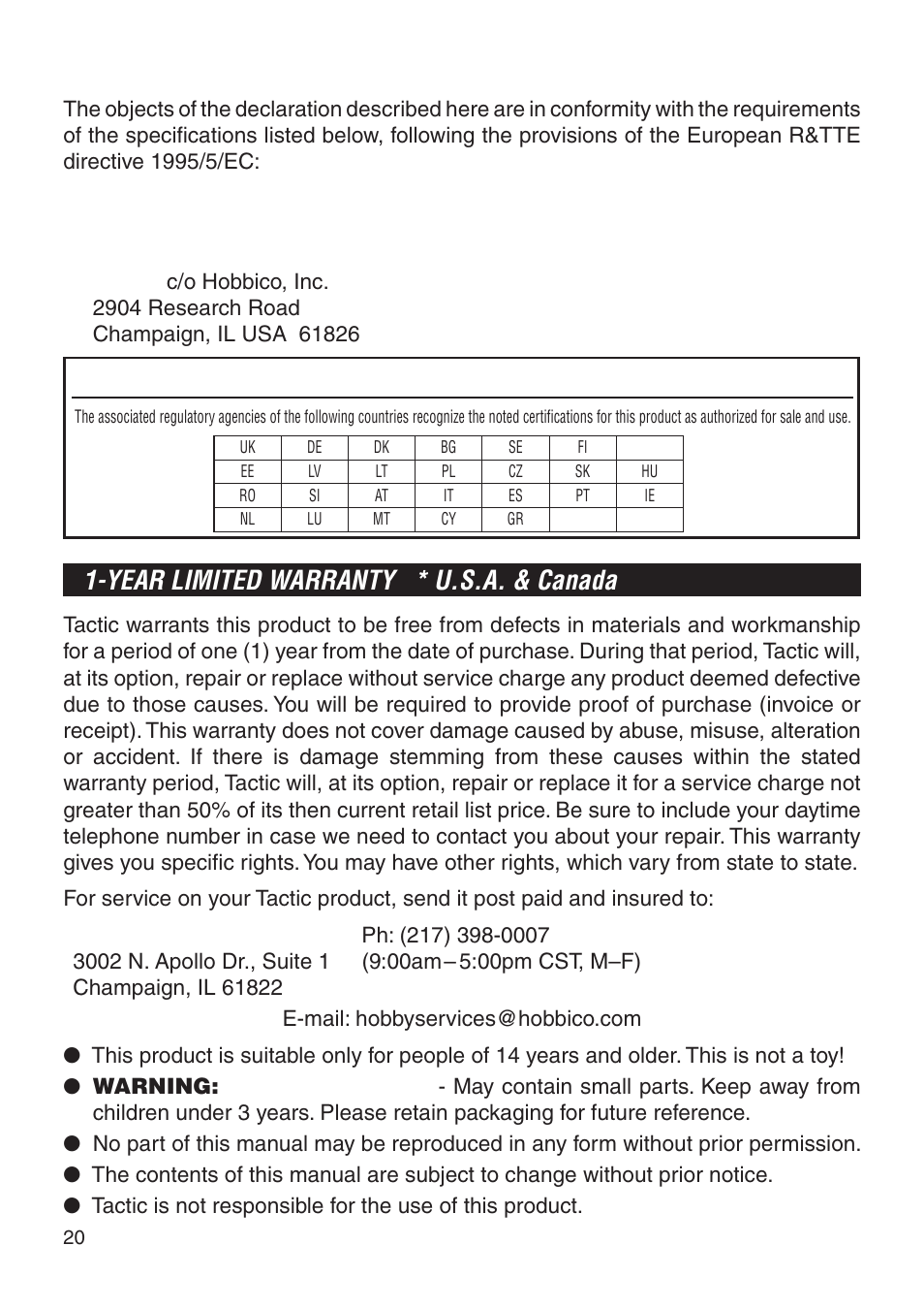 Ce compliance information for the european union, Year limited warranty * u.s.a. & canada | Tactic TTX404 4-Ch SLT User Manual | Page 20 / 20