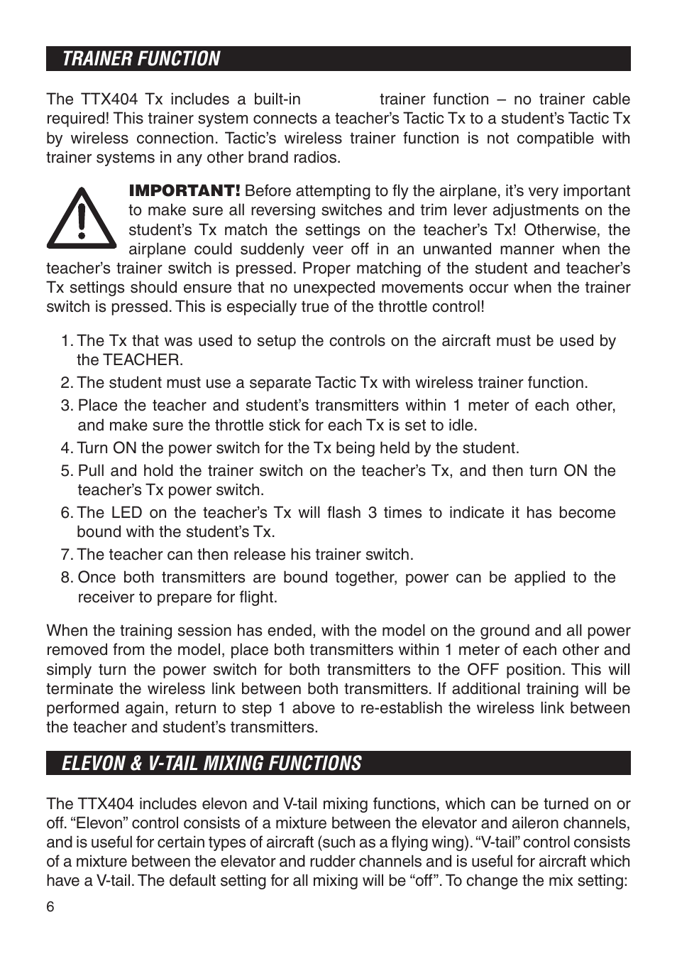 Trainer function, Elevon & v-tail mixing functions | Tactic TTX404 4-Ch SLT User Manual | Page 6 / 20