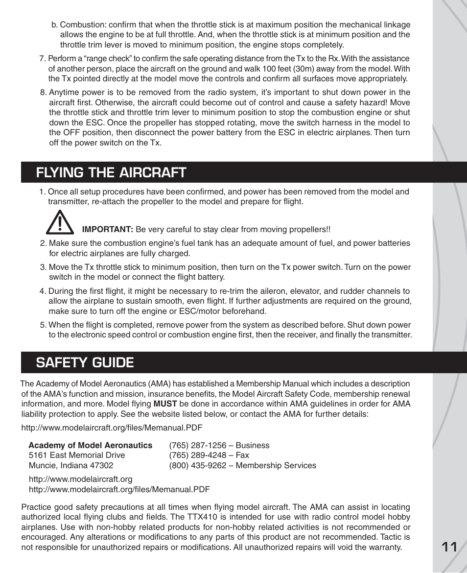 Flying the aircraft safety guide | Tactic TTX410 4-Ch SLT User Manual | Page 11 / 16