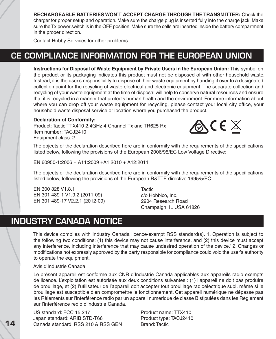 Ce compliance information for the european union, Industry canada notice | Tactic TTX410 4-Ch SLT User Manual | Page 14 / 16