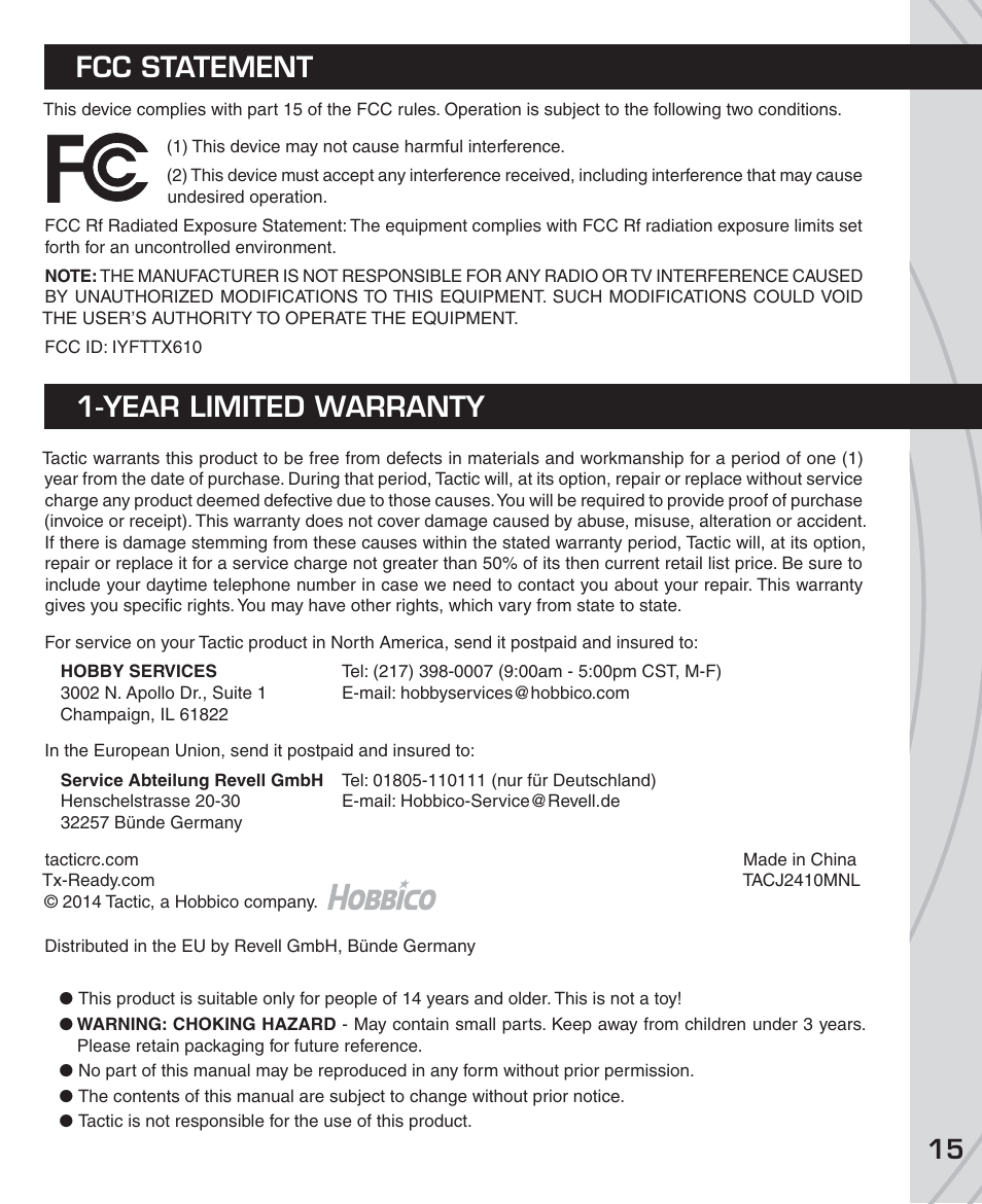 Fcc statement 1-year limited warranty | Tactic TTX410 4-Ch SLT User Manual | Page 15 / 16