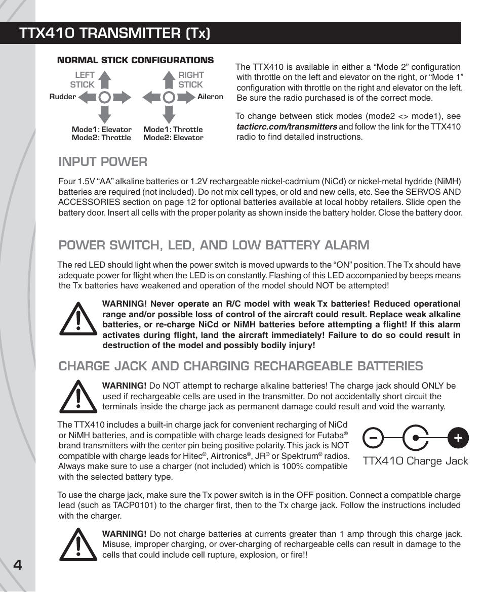 Ttx410 transmitter (tx), Input power, Power switch, led, and low battery alarm | Charge jack and charging rechargeable batteries | Tactic TTX410 4-Ch SLT User Manual | Page 4 / 16