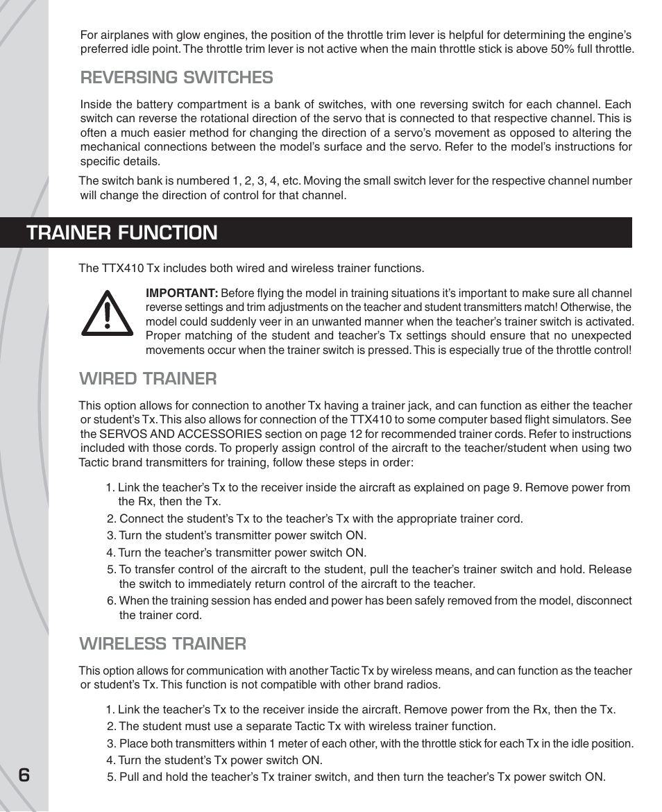 Trainer function, Reversing switches, Wired trainer | Wireless trainer | Tactic TTX410 4-Ch SLT User Manual | Page 6 / 16
