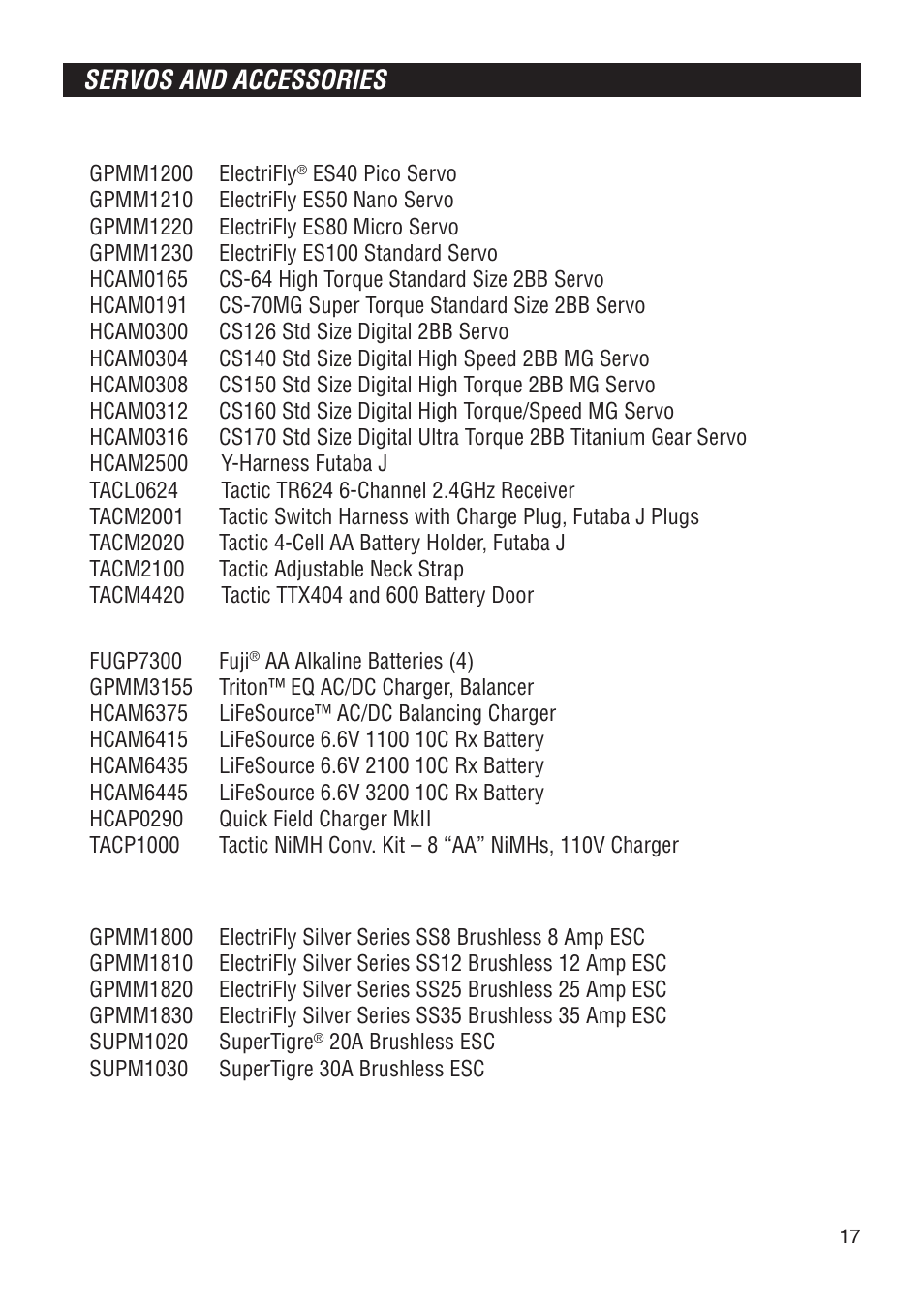 Servos and accessories | Tactic TTX600 6-Ch SLT User Manual | Page 17 / 24