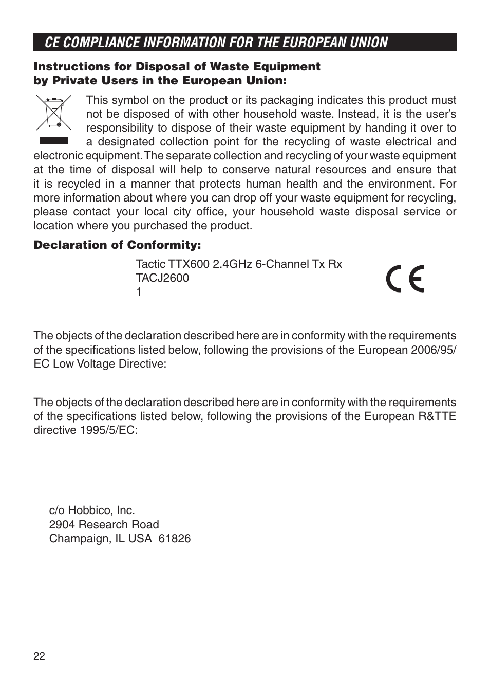 Ce compliance information for the european union | Tactic TTX600 6-Ch SLT User Manual | Page 22 / 24