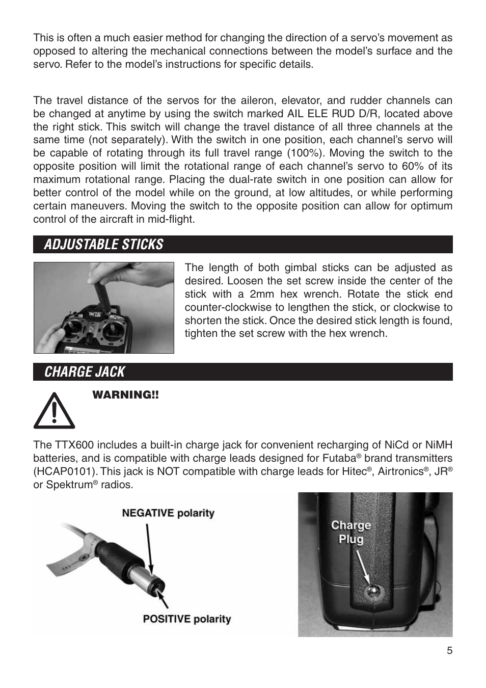 Adjustable sticks, Charge jack, Dual rate switch | Tactic TTX600 6-Ch SLT User Manual | Page 5 / 24