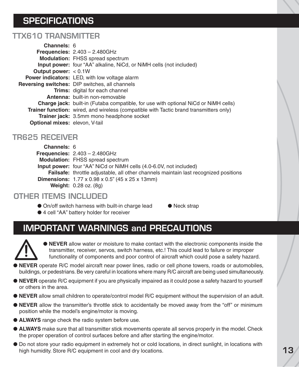 Specifications important warnings and precautions, Ttx610 transmitter, Tr625 receiver | Other items included | Tactic TTX610 6-Ch SLT User Manual | Page 13 / 16