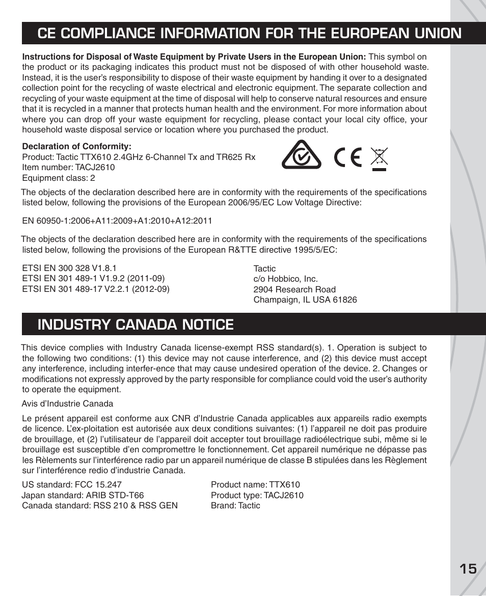 Ce compliance information for the european union, Industry canada notice | Tactic TTX610 6-Ch SLT User Manual | Page 15 / 16