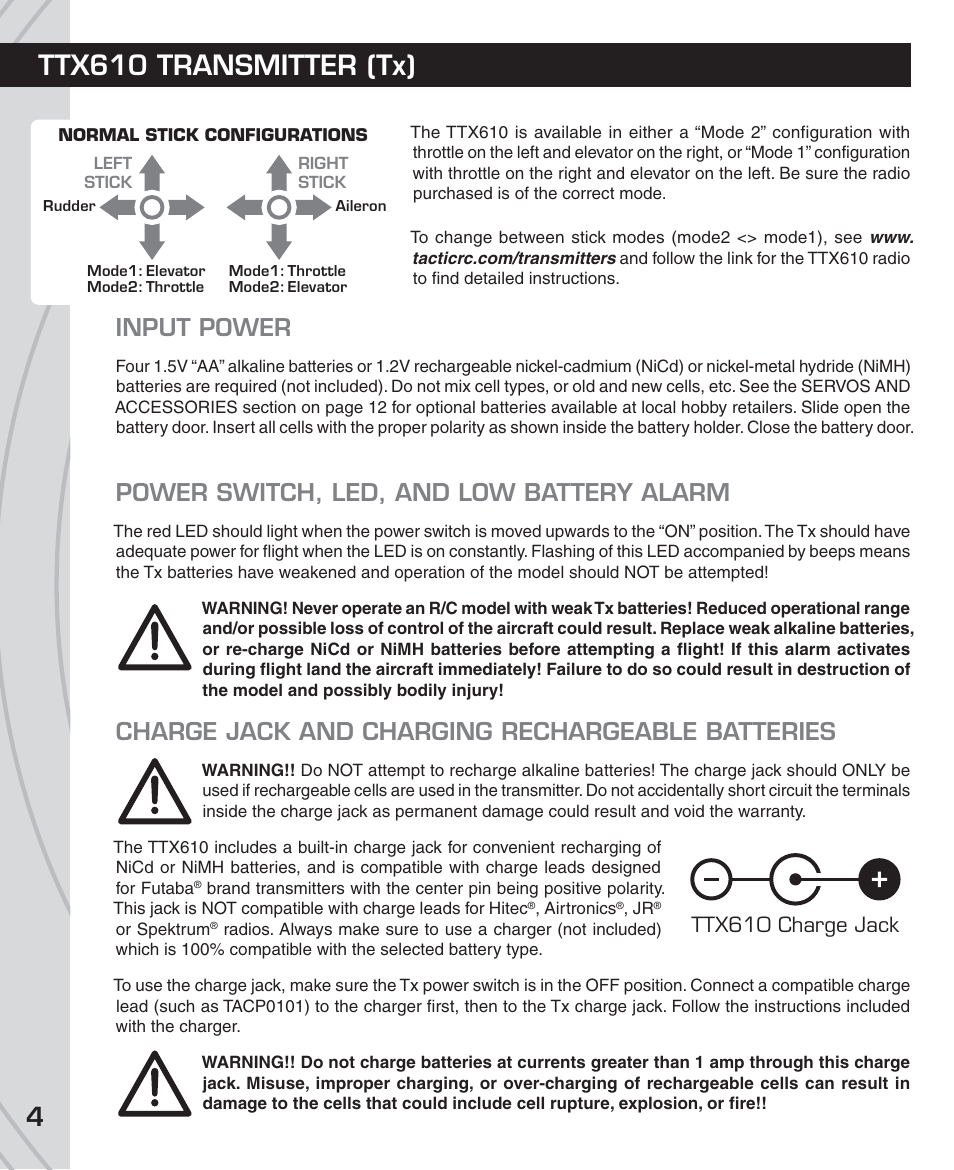 Ttx610 transmitter (tx), Input power, Power switch, led, and low battery alarm | Charge jack and charging rechargeable batteries | Tactic TTX610 6-Ch SLT User Manual | Page 4 / 16