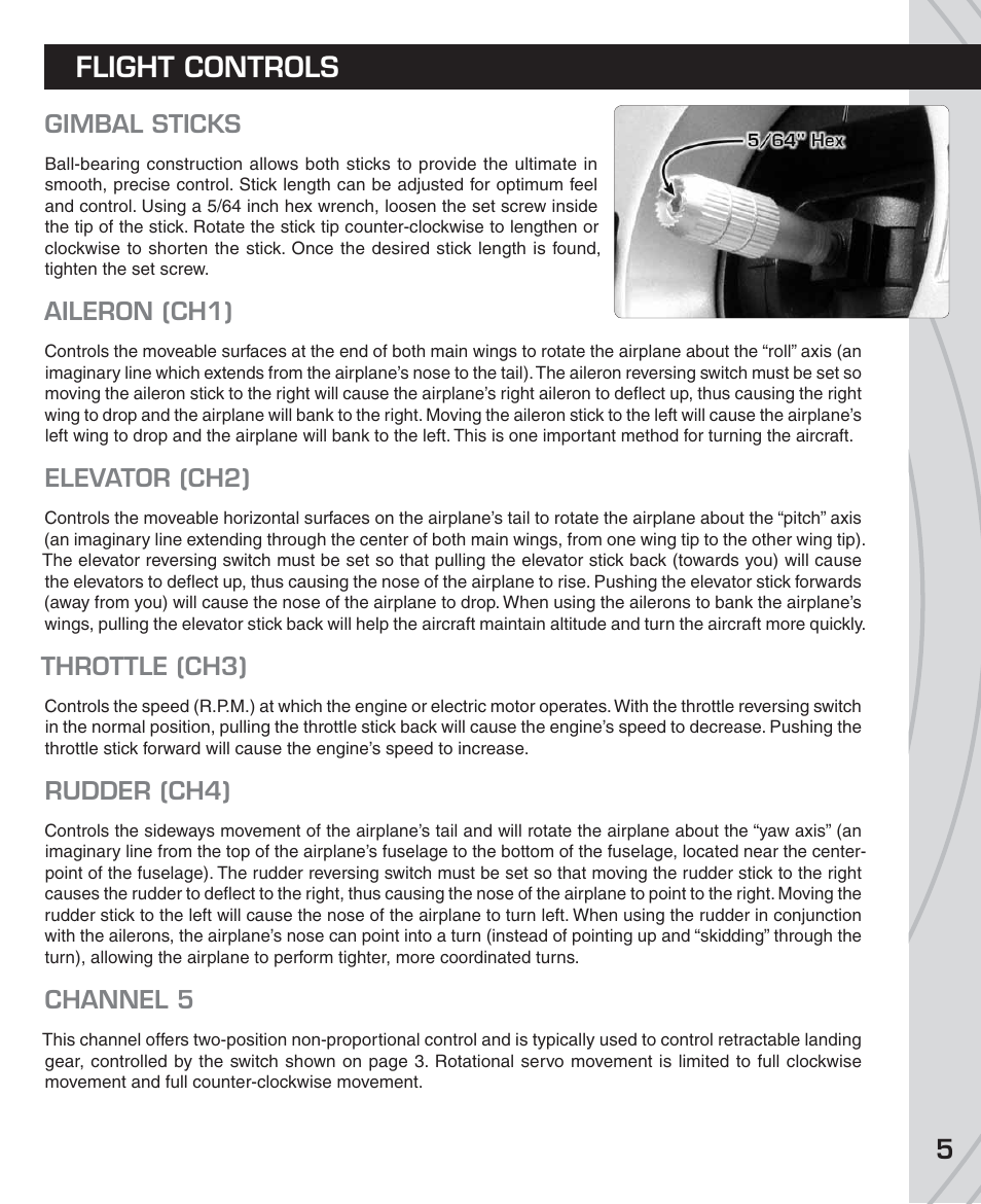 Flight controls, Gimbal sticks, Aileron (ch1) | Elevator (ch2), Throttle (ch3), Rudder (ch4), Channel 5 | Tactic TTX610 6-Ch SLT User Manual | Page 5 / 16