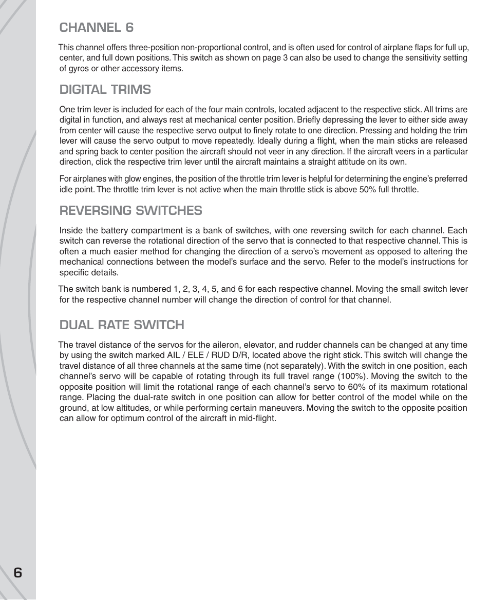 Channel 6, Digital trims, Reversing switches | Dual rate switch | Tactic TTX610 6-Ch SLT User Manual | Page 6 / 16