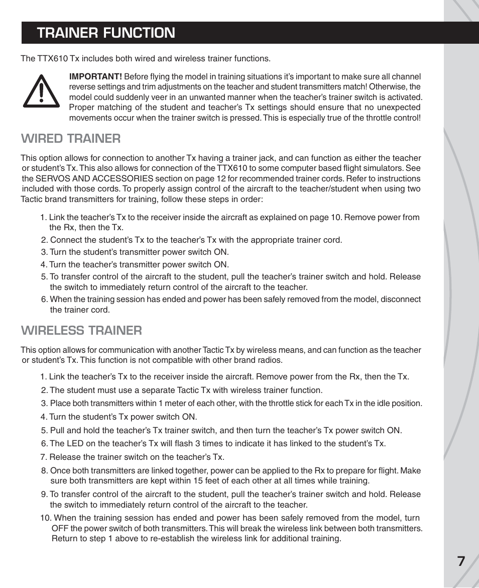 Trainer function, Wired trainer, Wireless trainer | Tactic TTX610 6-Ch SLT User Manual | Page 7 / 16