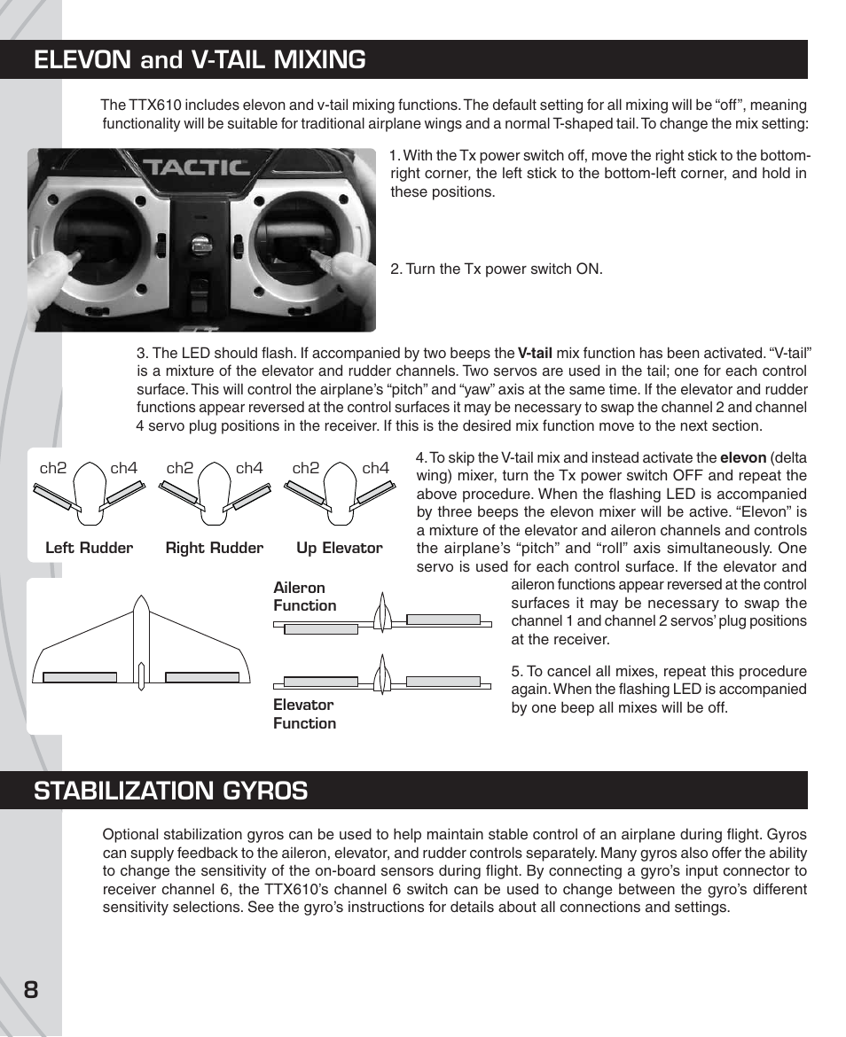 Elevon and v-tail mixing, Stabilization gyros | Tactic TTX610 6-Ch SLT User Manual | Page 8 / 16