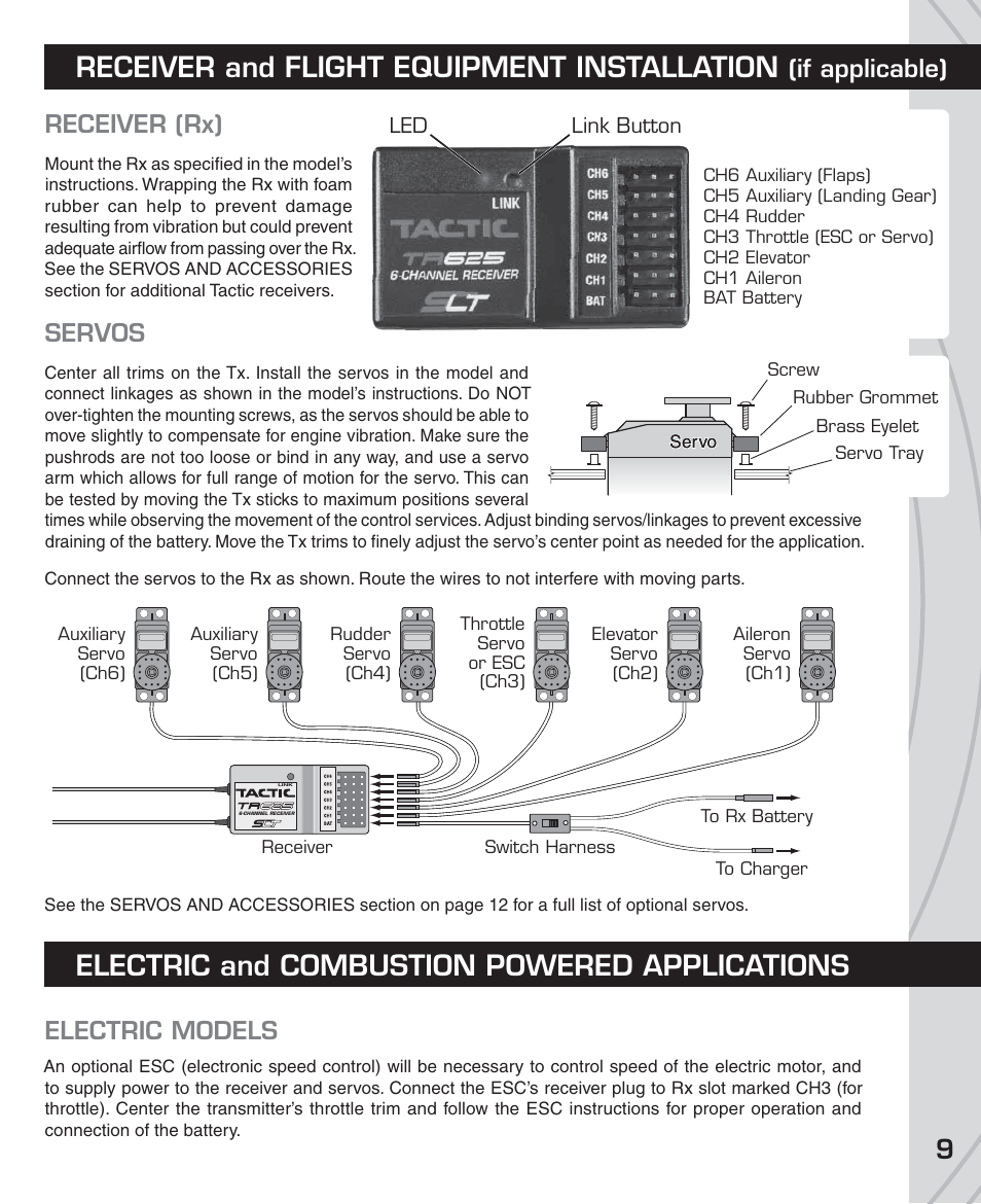 Receiver and flight equipment installation, Electric and combustion powered applications, Receiver (rx) | Servos, Electric models, If applicable) | Tactic TTX610 6-Ch SLT User Manual | Page 9 / 16