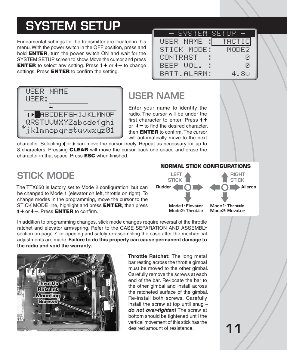 System setup, User name, Stick mode | Tactic TTX650 6-Ch SLT Computer User Manual | Page 11 / 48