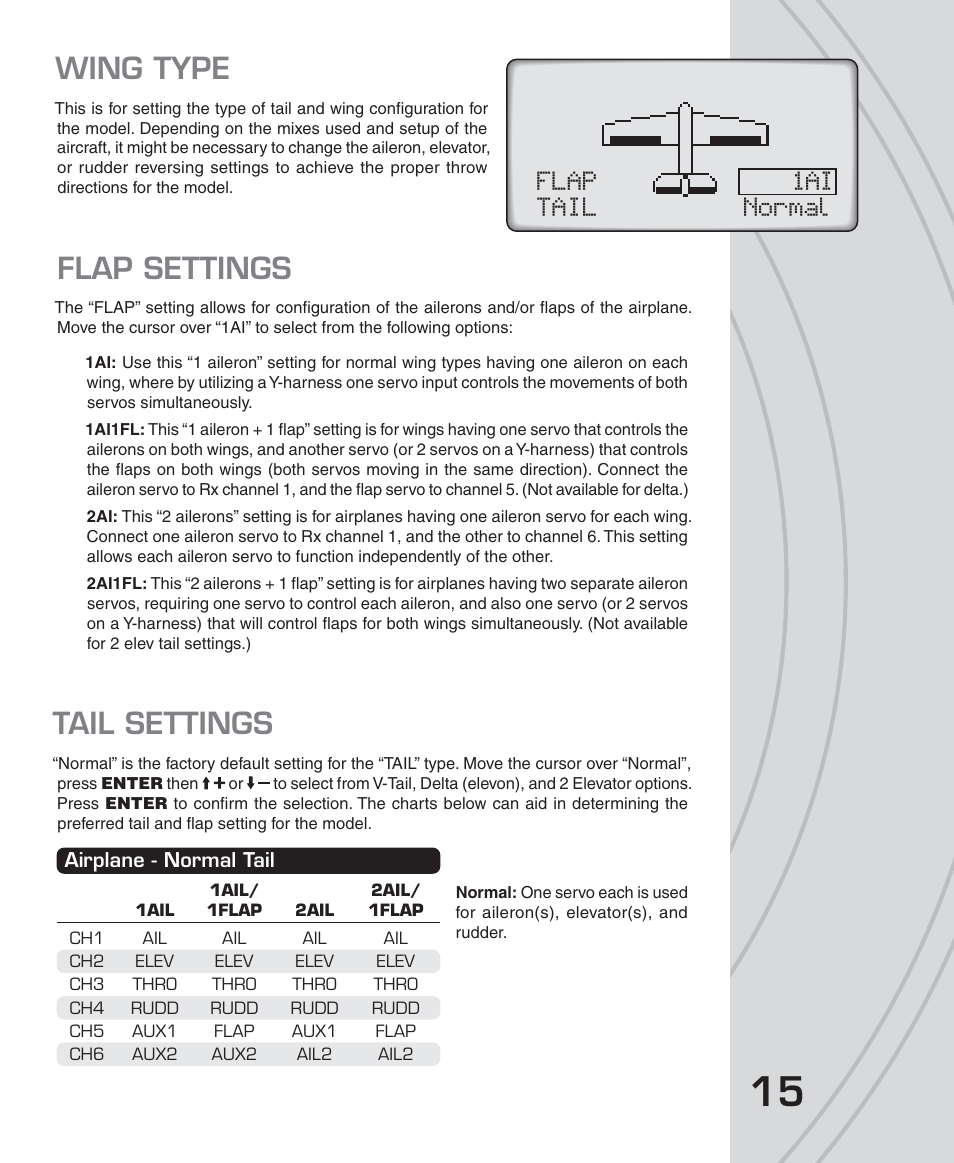Wing type, Flap settings, Tail settings | Tactic TTX650 6-Ch SLT Computer User Manual | Page 15 / 48