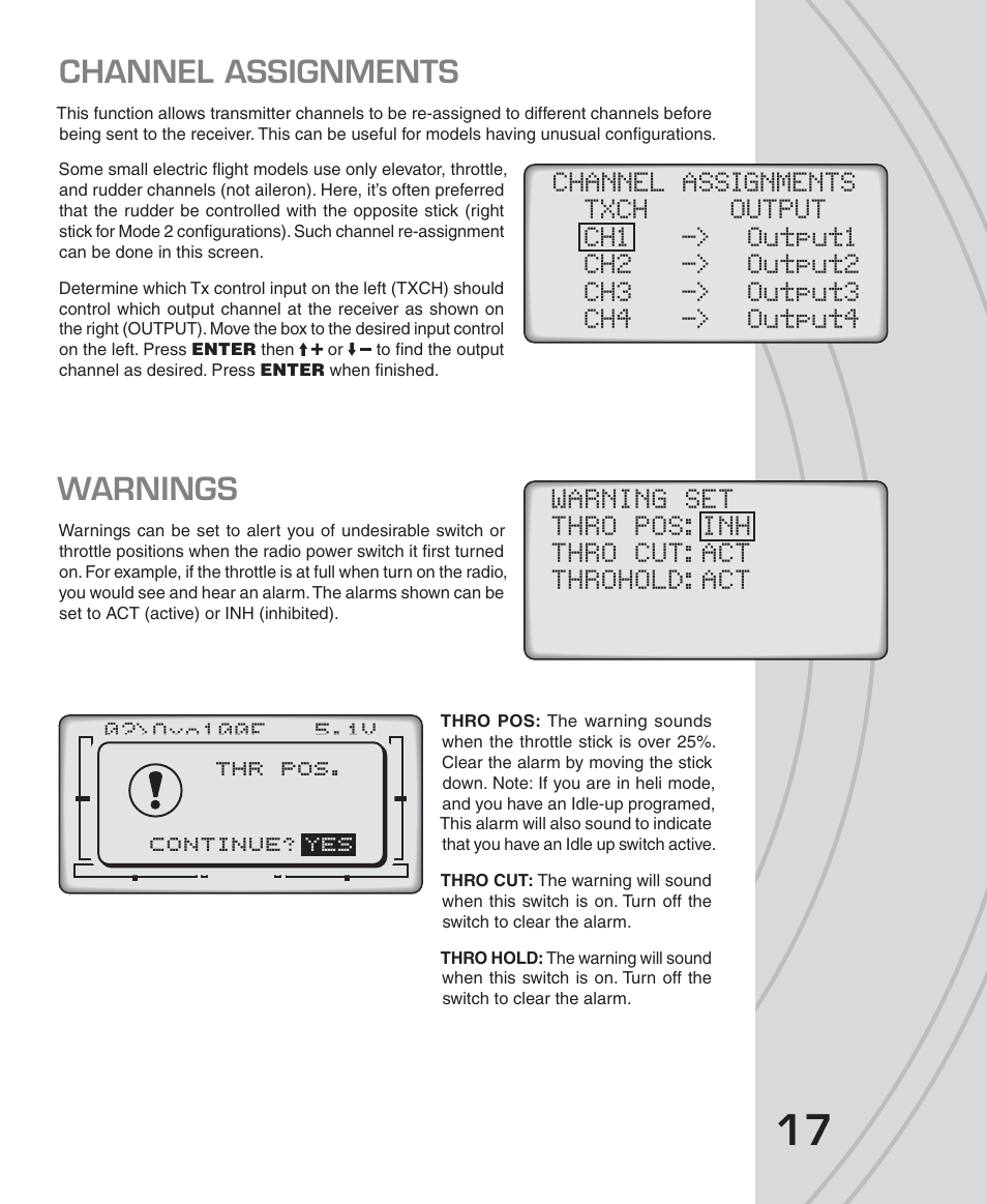 Channel assignments, Warnings, Thr pos. continue? yes | Tactic TTX650 6-Ch SLT Computer User Manual | Page 17 / 48