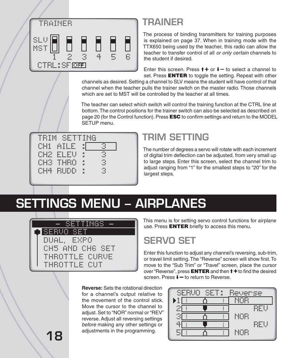 Slv mst, Settings menu – airplanes, Trainer | Trim setting, Servo set | Tactic TTX650 6-Ch SLT Computer User Manual | Page 18 / 48