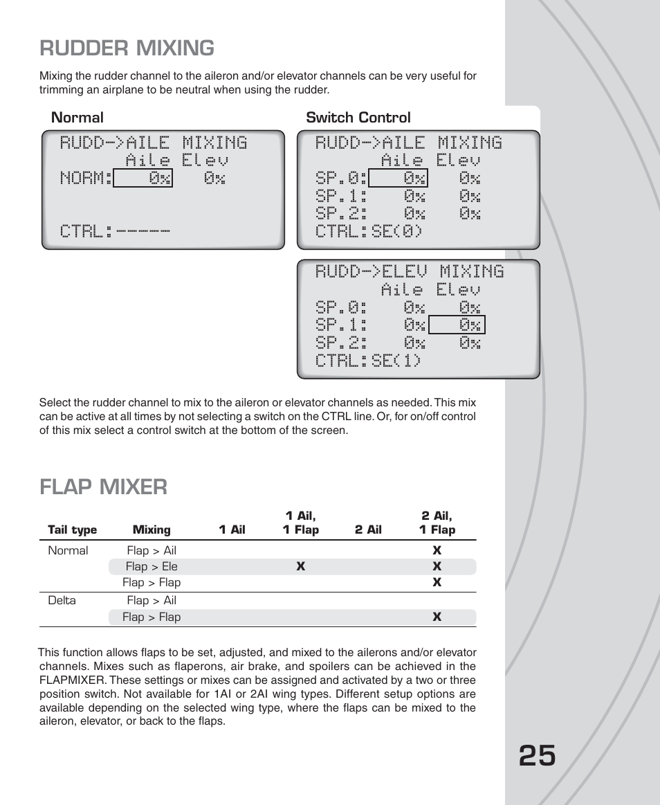 Rudder mixing, Flap mixer | Tactic TTX650 6-Ch SLT Computer User Manual | Page 25 / 48
