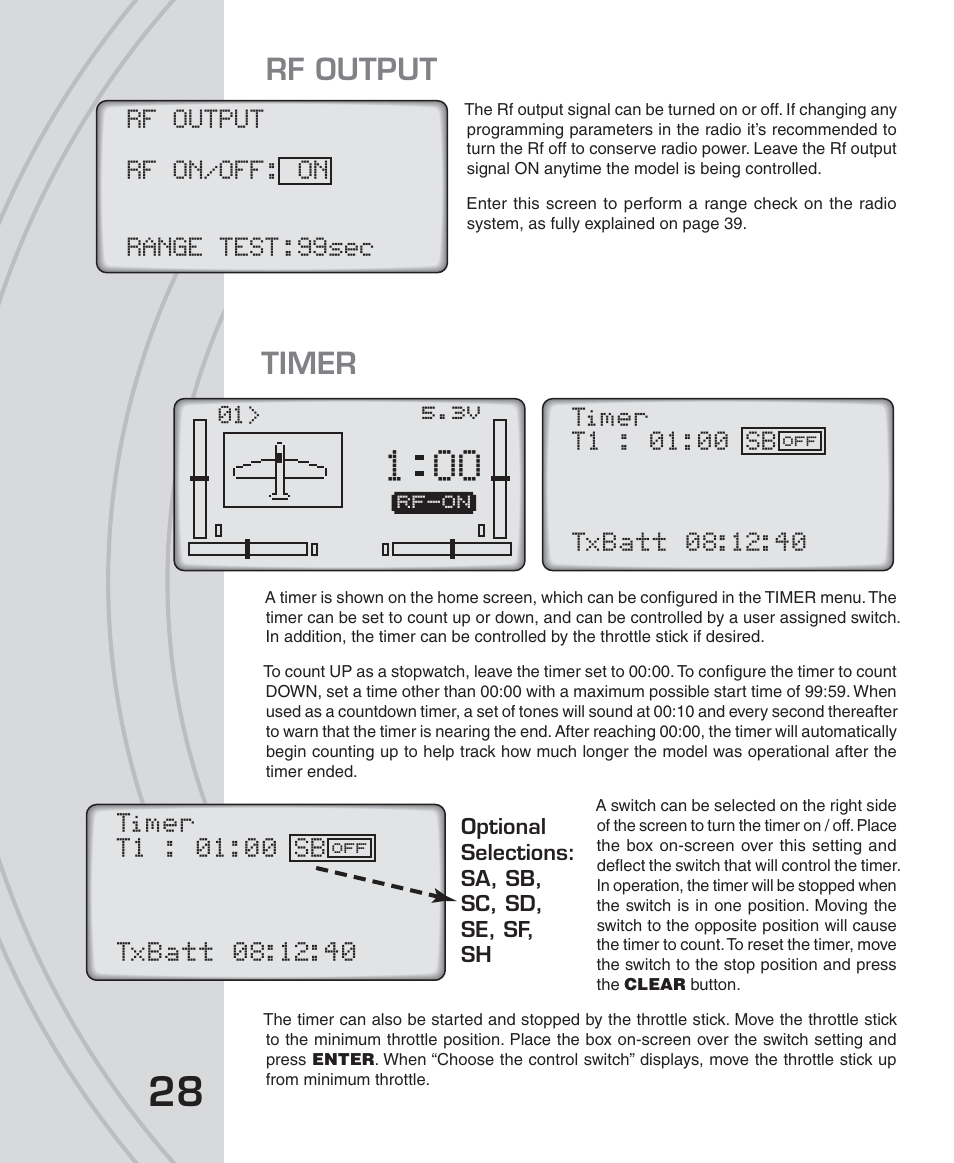 1 oo, Rf output, Timer | Rf-on | Tactic TTX650 6-Ch SLT Computer User Manual | Page 28 / 48