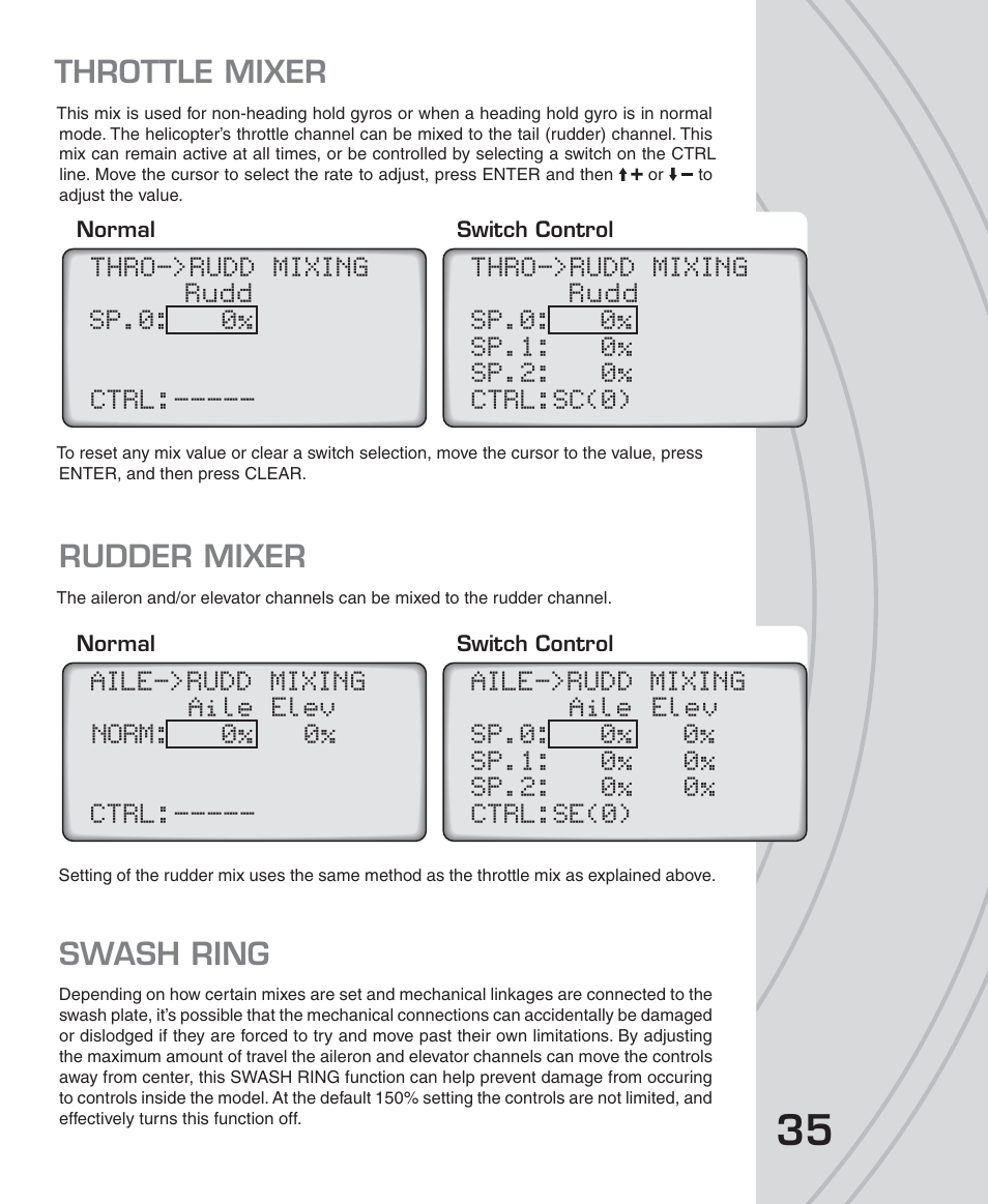 Throttle mixer, Rudder mixer, Swash ring | Tactic TTX650 6-Ch SLT Computer User Manual | Page 35 / 48