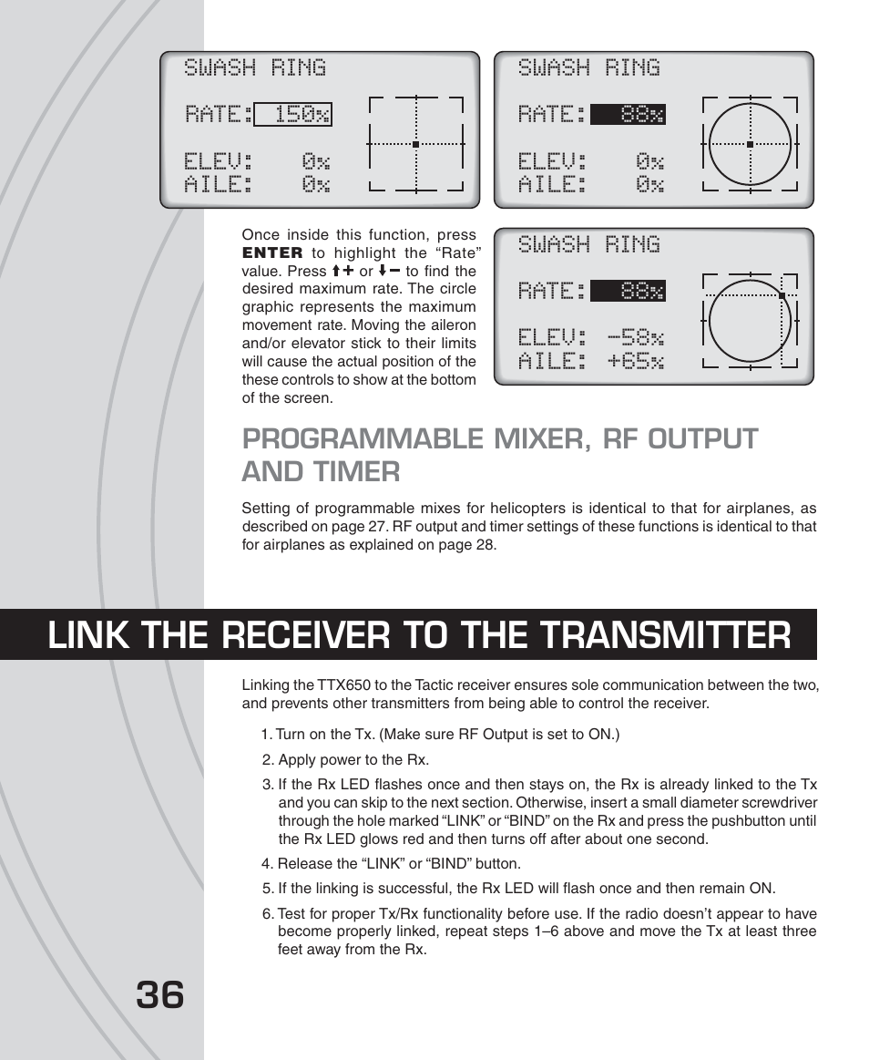 Link the receiver to the transmitter, Programmable mixer, rf output and timer | Tactic TTX650 6-Ch SLT Computer User Manual | Page 36 / 48