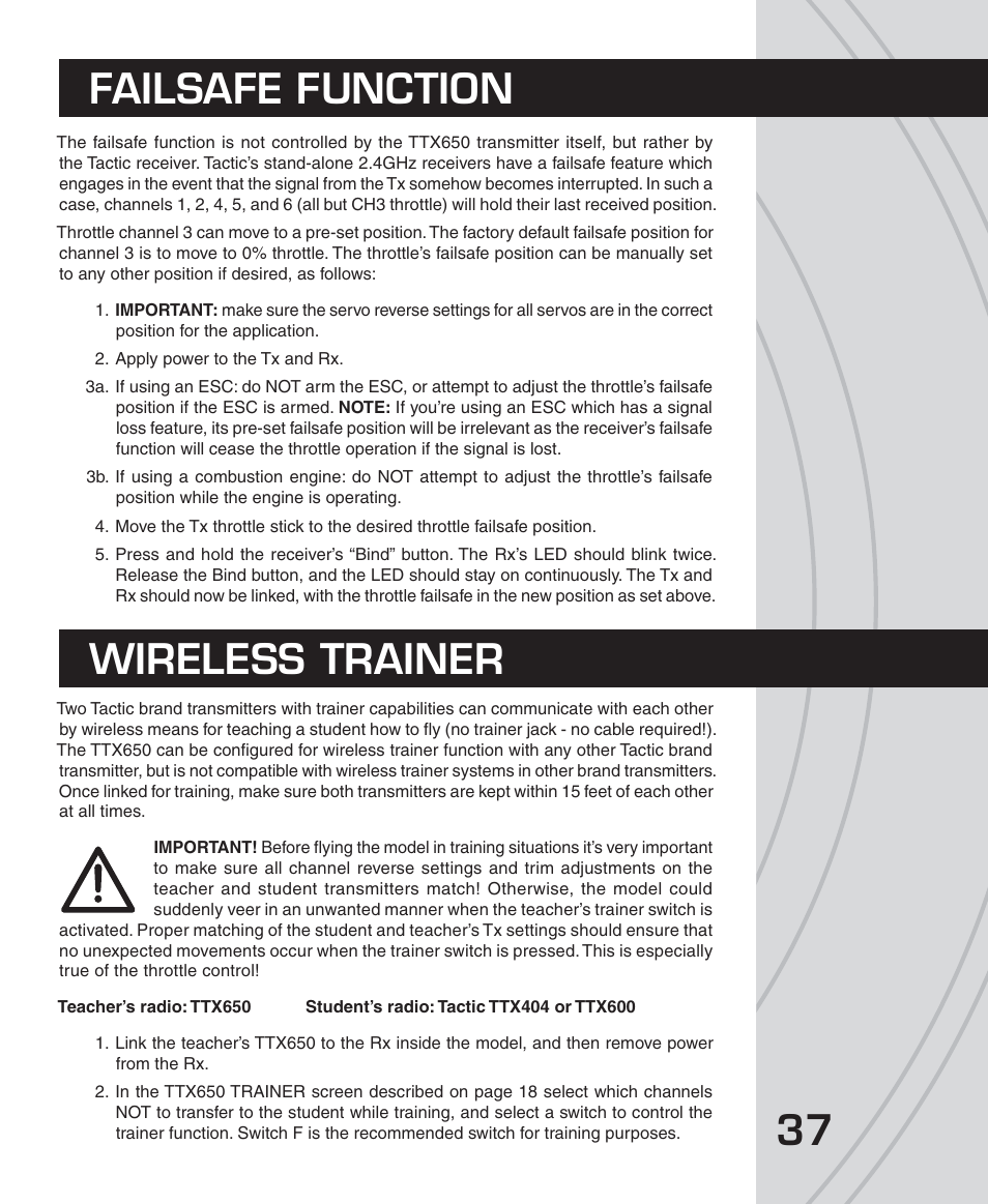 Failsafe function wireless trainer | Tactic TTX650 6-Ch SLT Computer User Manual | Page 37 / 48