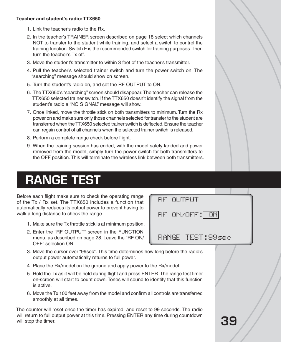 Range test, Rf output rf on/off: on range test:99sec | Tactic TTX650 6-Ch SLT Computer User Manual | Page 39 / 48