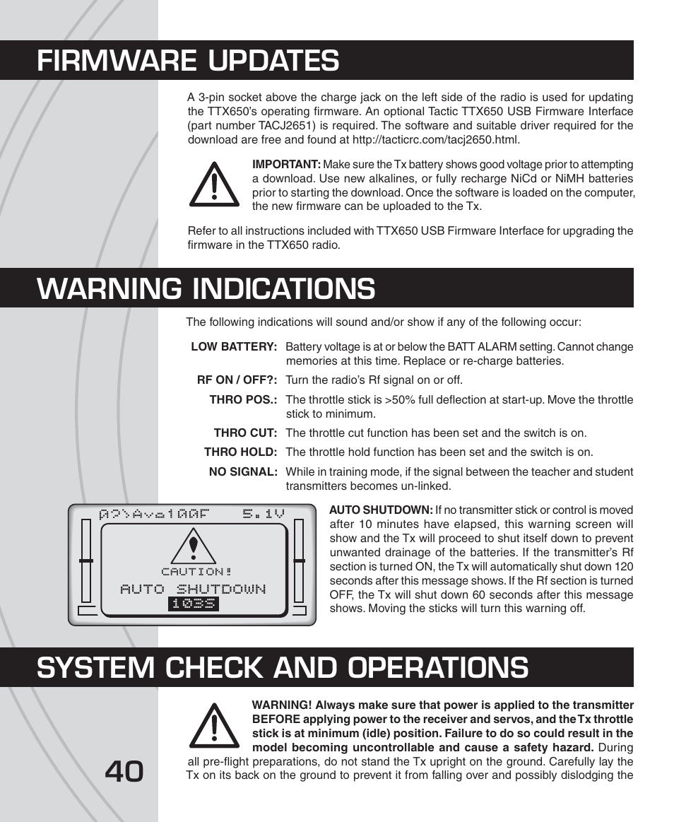 Firmware updates warning indications, System check and operations, Auto shutdown 103s | Tactic TTX650 6-Ch SLT Computer User Manual | Page 40 / 48