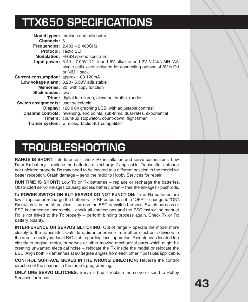 Ttx650 specifications troubleshooting | Tactic TTX650 6-Ch SLT Computer User Manual | Page 43 / 48