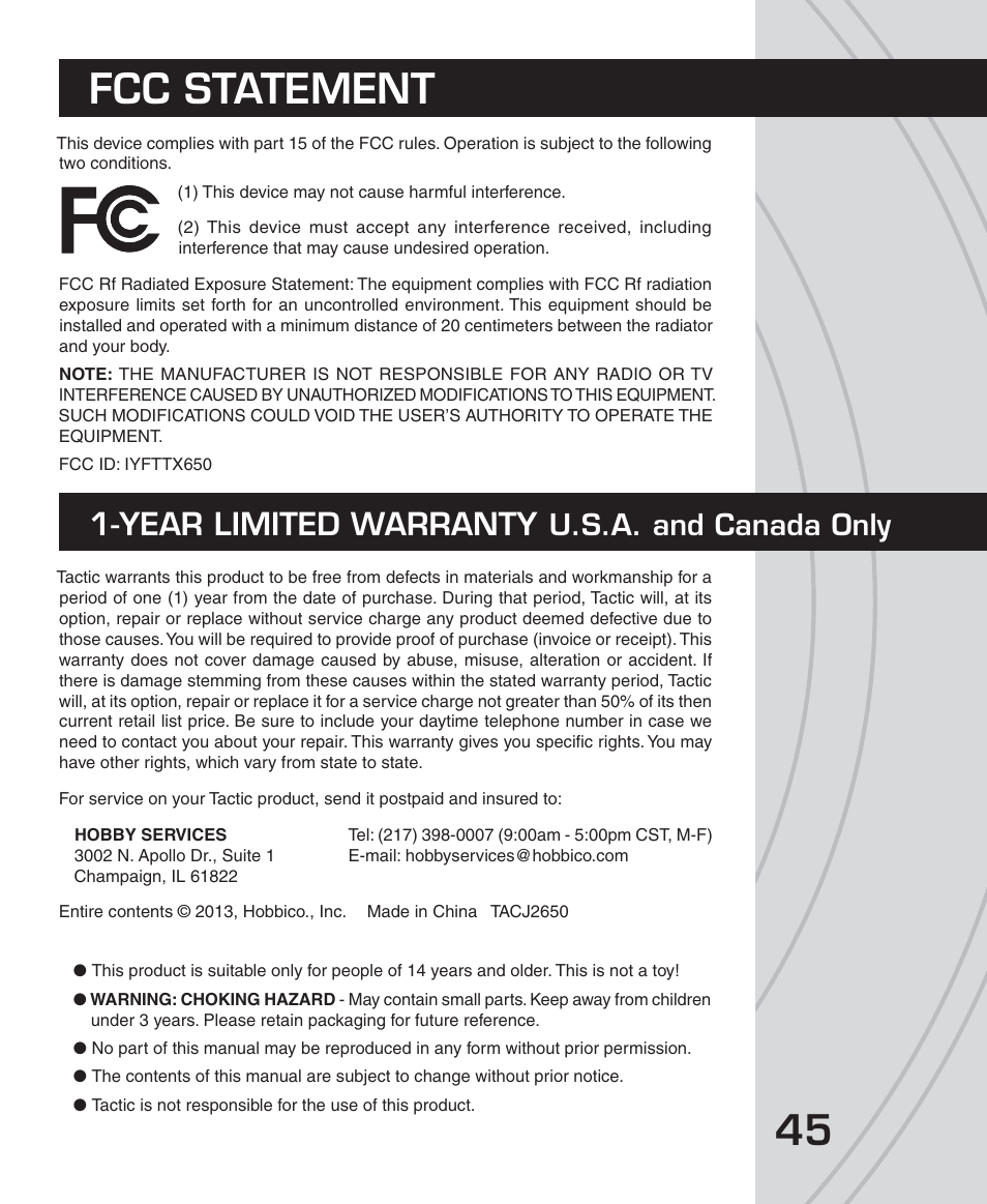Fcc statement, Year limited warranty, U.s.a. and canada only | Tactic TTX650 6-Ch SLT Computer User Manual | Page 45 / 48