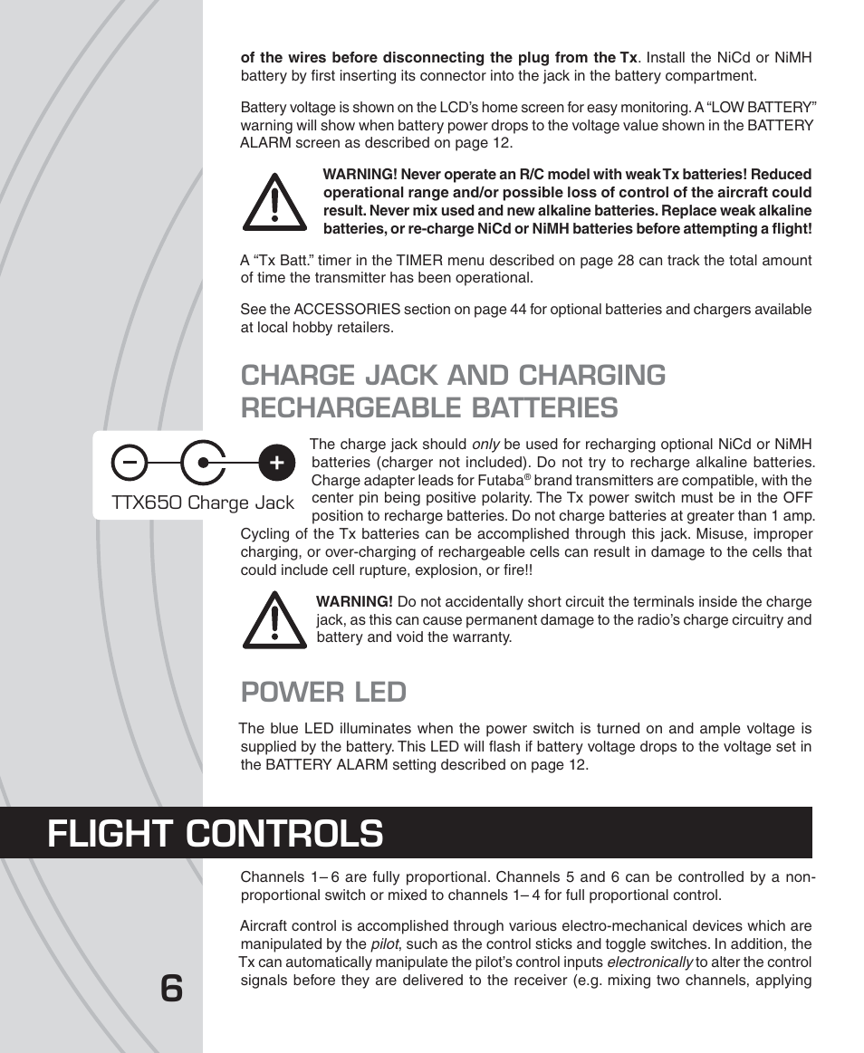 Flight controls, Charge jack and charging rechargeable batteries, Power led | Tactic TTX650 6-Ch SLT Computer User Manual | Page 6 / 48