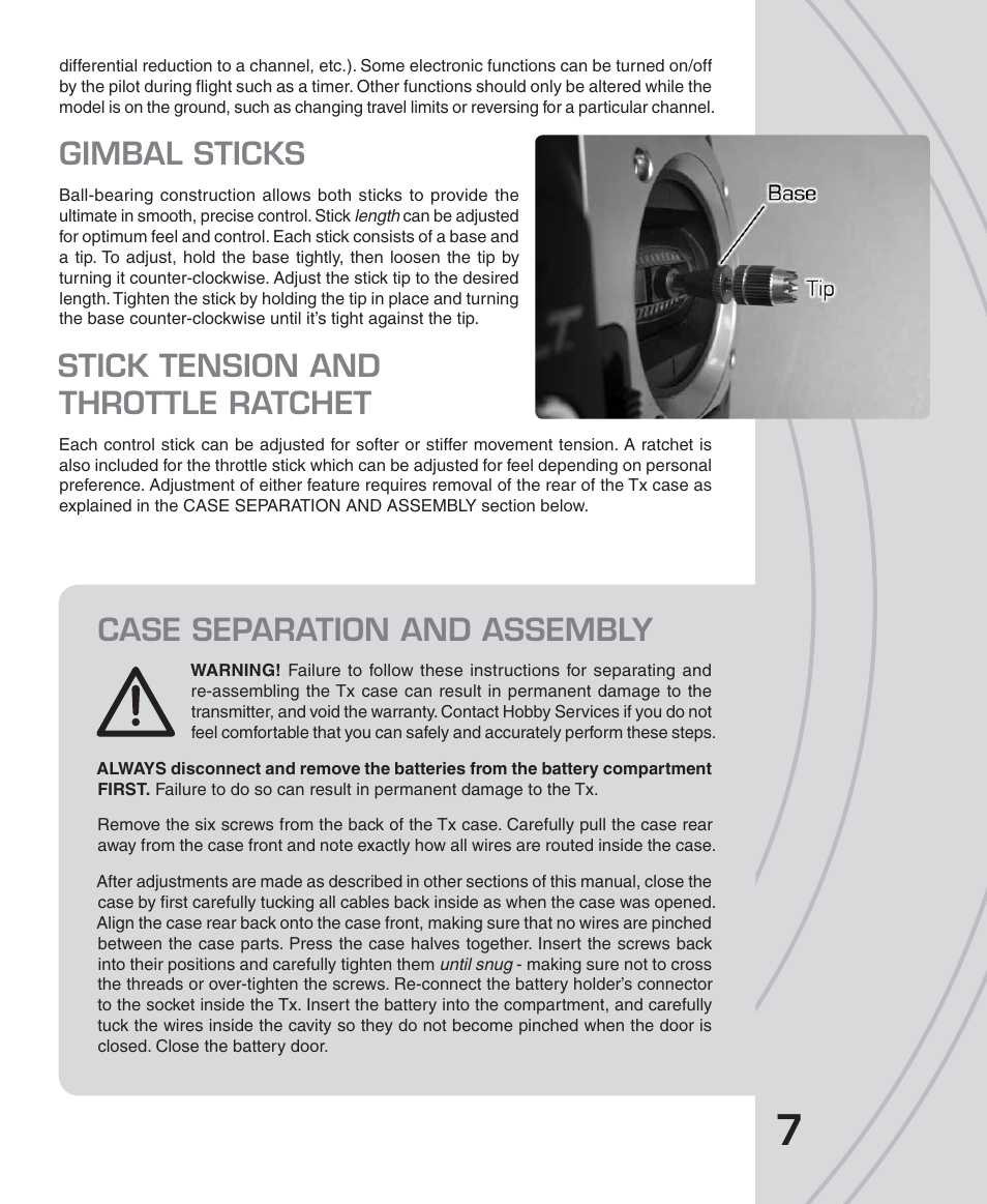Gimbal sticks, Stick tension and throttle ratchet, Case separation and assembly | Tactic TTX650 6-Ch SLT Computer User Manual | Page 7 / 48