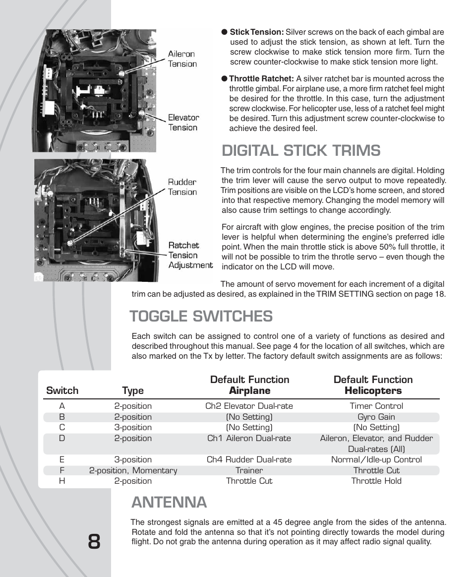 Digital stick trims, Toggle switches, Antenna | Tactic TTX650 6-Ch SLT Computer User Manual | Page 8 / 48