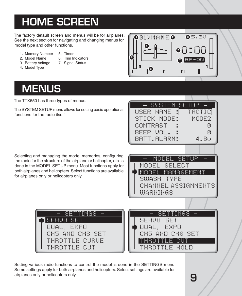Home screen, Menus, O oo | Rf-on | Tactic TTX650 6-Ch SLT Computer User Manual | Page 9 / 48