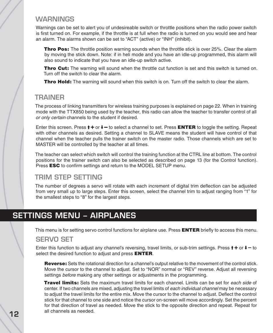 Settings menu – airplanes, Warnings, Trainer | Trim step setting, Servo set | Tactic TTX850 8-Ch SLT Computer User Manual | Page 12 / 32