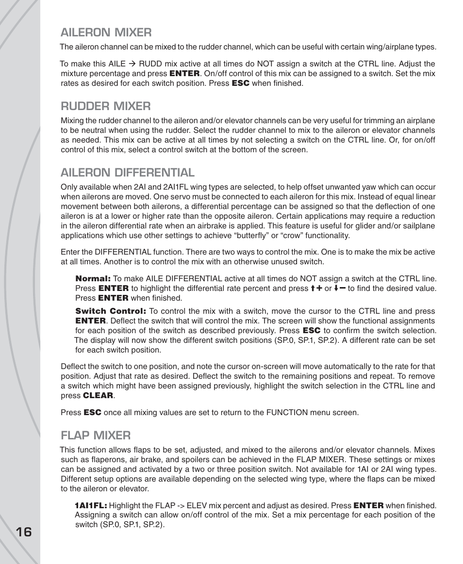Aileron mixer, Rudder mixer, Aileron differential | Flap mixer | Tactic TTX850 8-Ch SLT Computer User Manual | Page 16 / 32