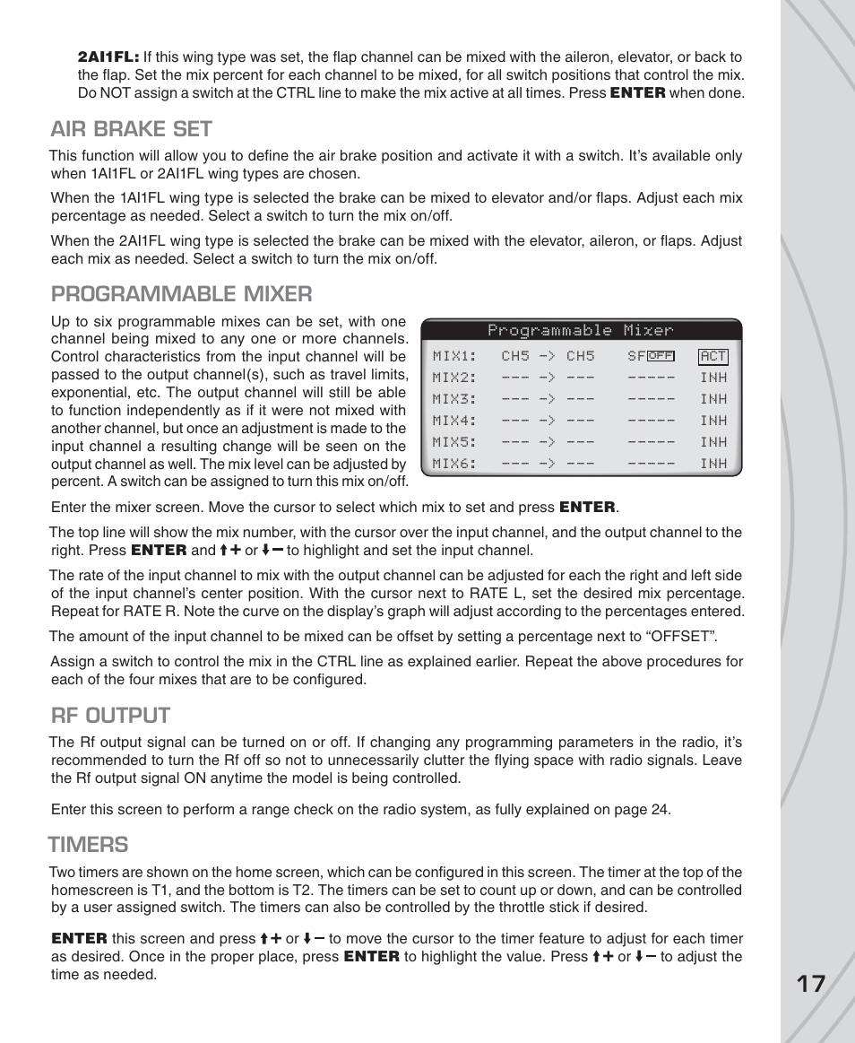 Air brake set, Programmable mixer, Rf output | Timers | Tactic TTX850 8-Ch SLT Computer User Manual | Page 17 / 32