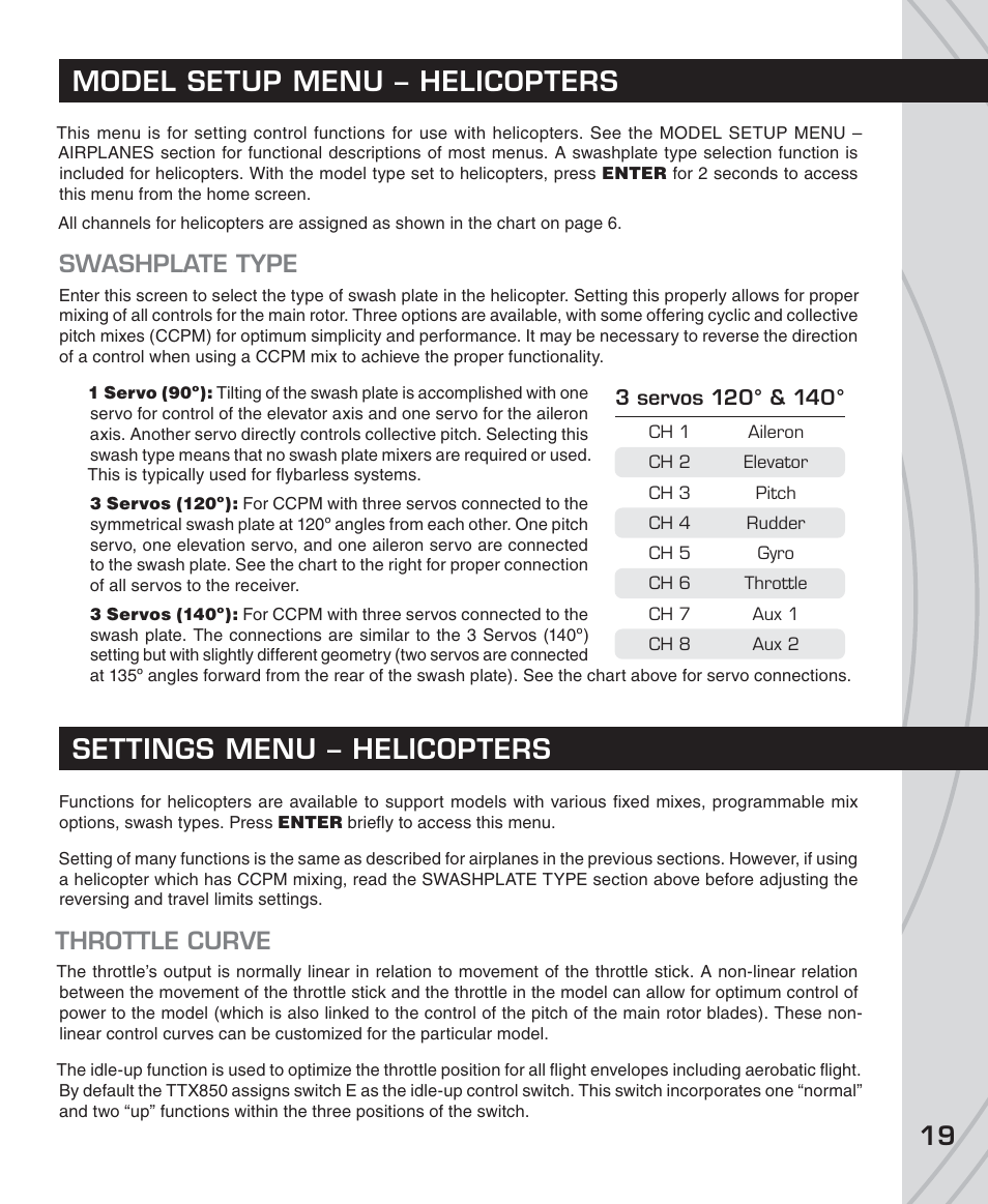 Model setup menu – helicopters, Settings menu – helicopters, Swashplate type | Throttle curve | Tactic TTX850 8-Ch SLT Computer User Manual | Page 19 / 32