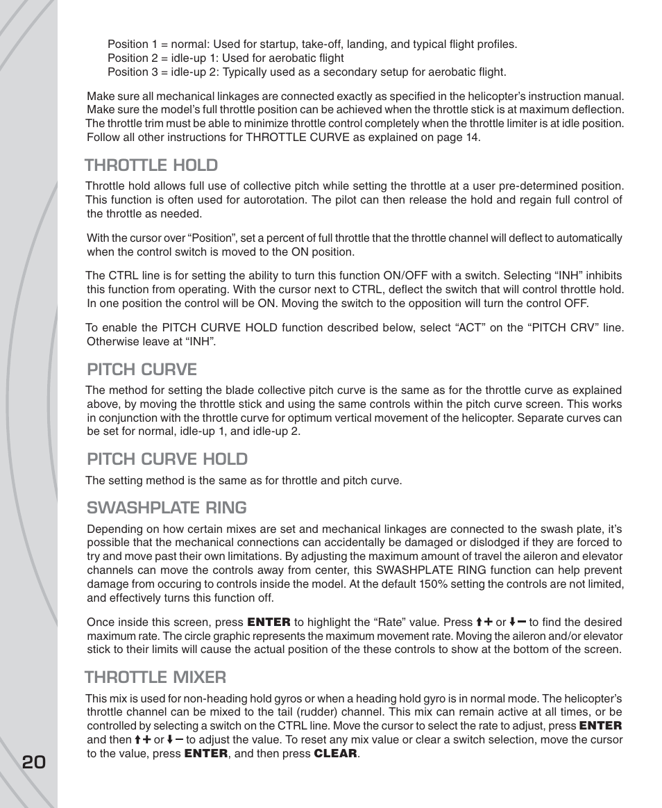 Throttle hold, Pitch curve, Pitch curve hold | Swashplate ring, Throttle mixer | Tactic TTX850 8-Ch SLT Computer User Manual | Page 20 / 32