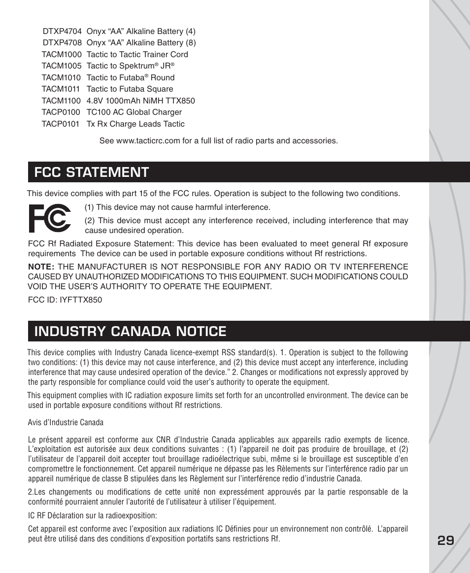 Fcc statement industry canada notice | Tactic TTX850 8-Ch SLT Computer User Manual | Page 29 / 32