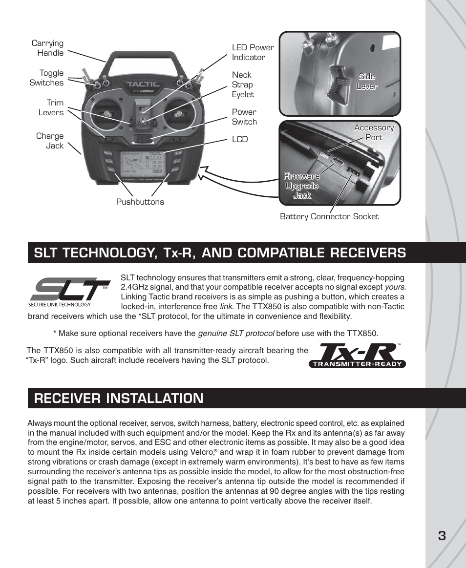 Slt technology, tx-r, and compatible receivers, Receiver installation | Tactic TTX850 8-Ch SLT Computer User Manual | Page 3 / 32
