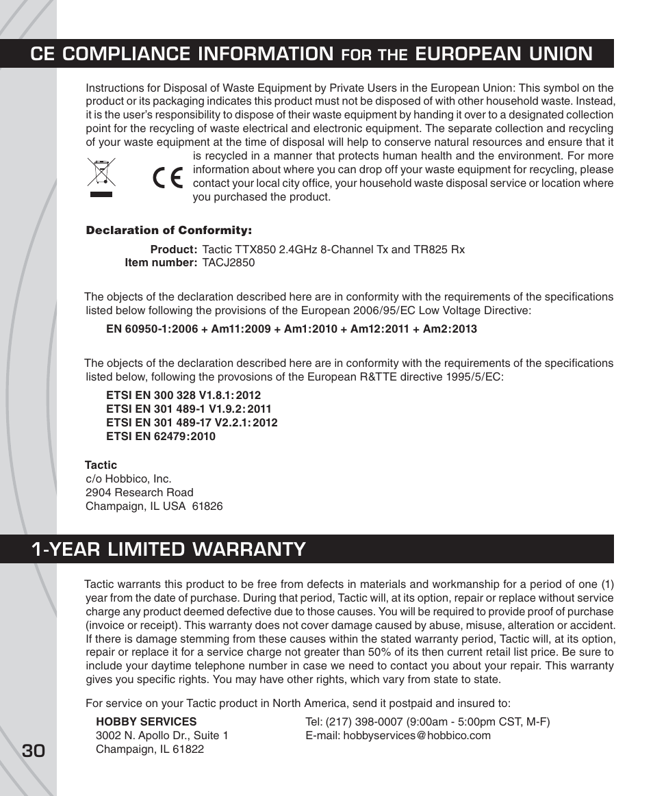 Ce compliance information, European union 1-year limited warranty, For the | Tactic TTX850 8-Ch SLT Computer User Manual | Page 30 / 32