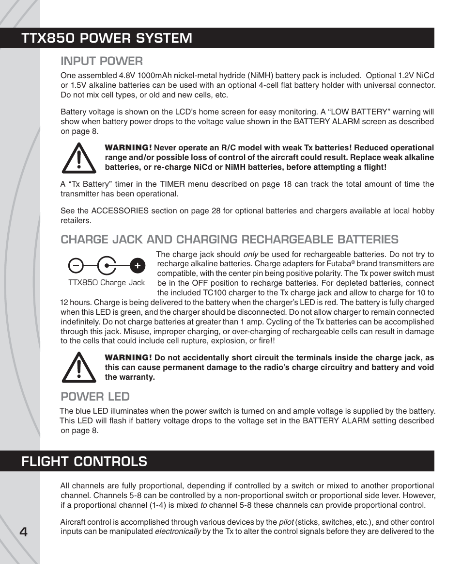 Ttx850 power system, Flight controls, Input power | Charge jack and charging rechargeable batteries, Power led | Tactic TTX850 8-Ch SLT Computer User Manual | Page 4 / 32