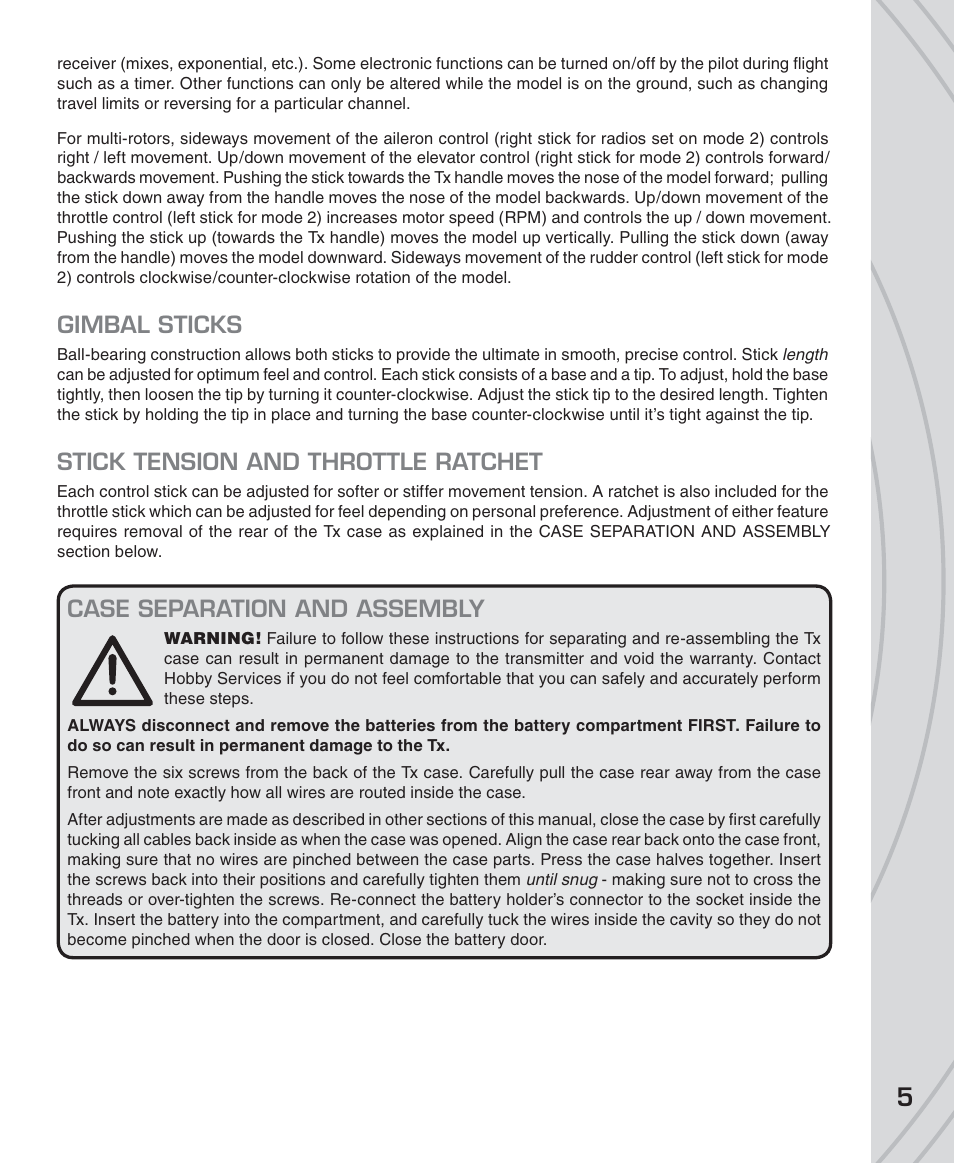 Gimbal sticks, Stick tension and throttle ratchet, Case separation and assembly | Tactic TTX850 8-Ch SLT Computer User Manual | Page 5 / 32